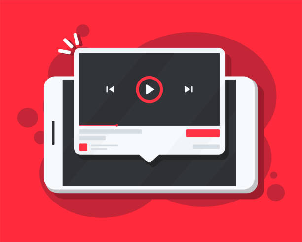 Video media player on smartphone. Mobile phone watching video. Vector illustration Video media player on smartphone. Mobile phone watching video. Vector illustration youtube logo stock illustrations