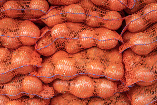 sacks of onions background - onion bag netting vegetable imagens e fotografias de stock