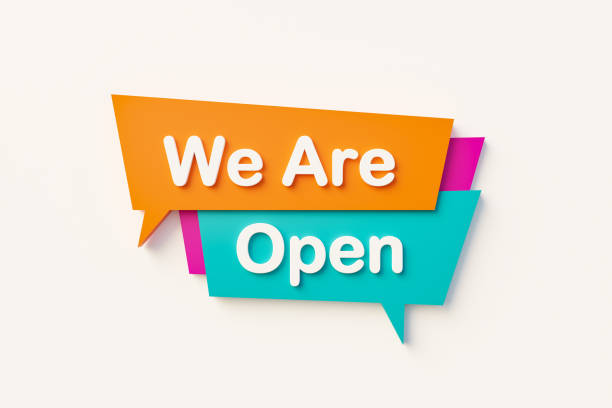 istock We are open. Speech bubble in orange, blue, purple and white text. 1390704725