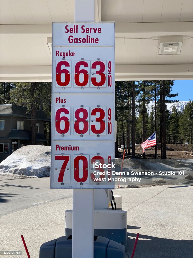 Outrageous, extremely high gas prices in California. Unheard of gas prices hurting our economy. Filling up at the pump is now a crisis. Gas prices in California are way too high. $6.63 for regular gas, $6.83 plus fuel. $7.03 dollars a gallon in California. California Stock Photo