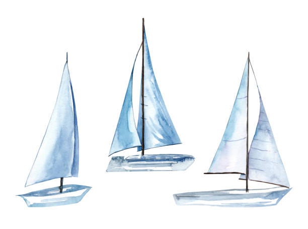ilustraciones, imágenes clip art, dibujos animados e iconos de stock de velero en la superficie del agua. conjunto de ilustraciones en acuarela. - sea water single object sailboat