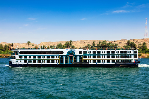 Aswan Governorate, Egypt - March 19, 2010. The MS Beau Rivage riverboat on the Nile river in Aswan Governorate region of Egypt.