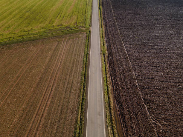 istock Aerial shot of single lane road between plowed fields in spring 1390707030