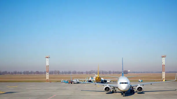 Boryspil, Ukraine - April 1, 2019: Boeing 777-200 in Boryspil International Airport. It is countrys largest airport, serving majority of its passenger air traffic