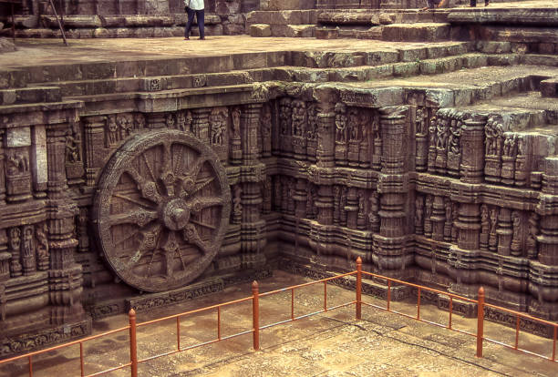 Details of the decorations of the Sun Temple in Konarak, Orissa Konark, Puri, Orissa, India - aug 18, 1996: close-up of the decorations carved into the sandstone rock which forms the base of the Kornak temple. Historical archive photo. chariot wheel at konark sun temple india stock pictures, royalty-free photos & images