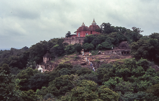 Bhubaneswar, Orissa, India - aug 19, 1996:  view of the Khandagiri Digambara Jain Temple, on top of the hill overlooking the ancient cave temples    Historical archive photo.