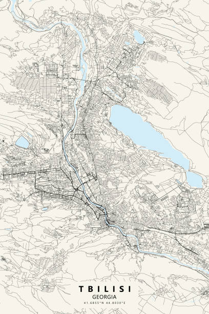 illustrazioni stock, clip art, cartoni animati e icone di tendenza di mappa vettoriale tbilisi, georgia - kura river immagine