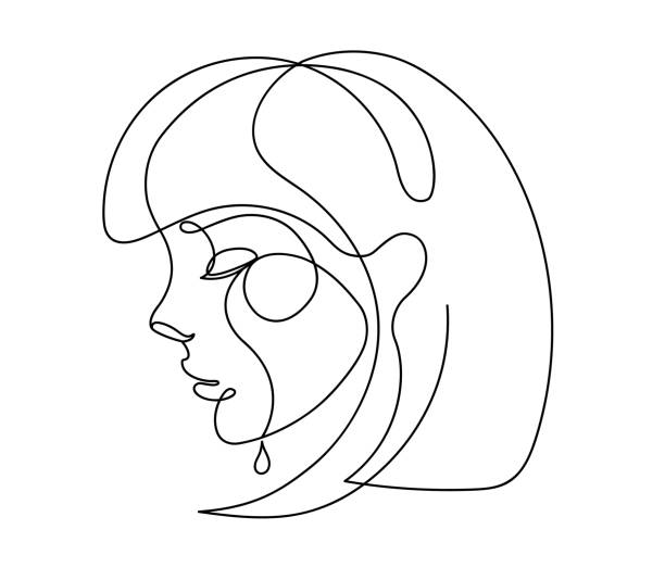 illustrazioni stock, clip art, cartoni animati e icone di tendenza di donna che piange, disegno a linea singola. ritratto in line art. disegno in bianco e nero, vettoriale. disegno di ragazza triste. un disegno a linee a mano. - sorteggio