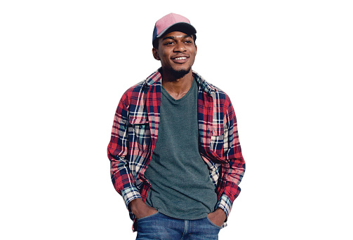 Portrait of stylish smiling young african man posing wearing baseball cap, red plaid shirt isolated on white background