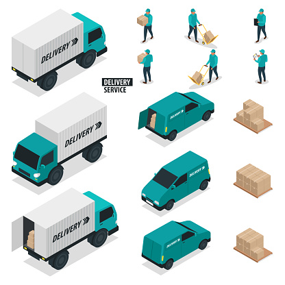 Isometric Delivery Person Industry Transportation Vehicles Vector Illustration