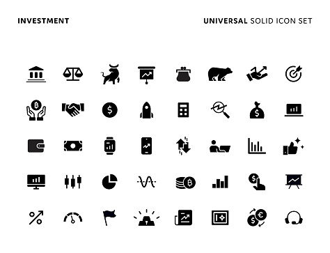 Stock Market Concept Basic Solid Icon Set. Icons are Suitable for Web Page, Mobile App, UI, UX and GUI design.