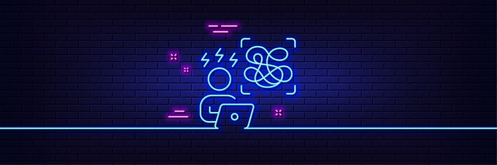Neon light glow effect. Difficult stress line icon. Online psychology sign. Confused mental health symbol. 3d line neon glow icon. Brick wall banner. Difficult stress outline. Vector