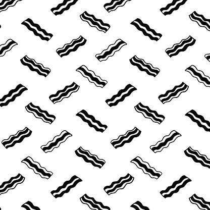 Hand drawn vector illustration of bacon pattern. Black and white.