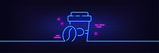 ilustrações de stock, clip art, desenhos animados e ícones de takeaway coffee line icon. hot latte sign. tea drink mug. neon light glow effect. vector - coffee to go flash