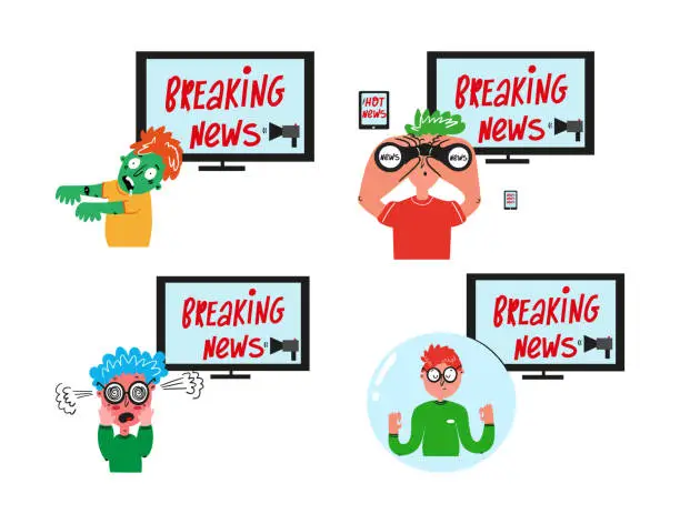 Vector illustration of Concept of breaking news. Hand drawn illustration on yhe theme os people's emotion to news.