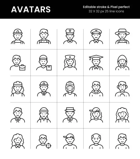 Vector illustration of Avatars Editable Stroke Line Icons