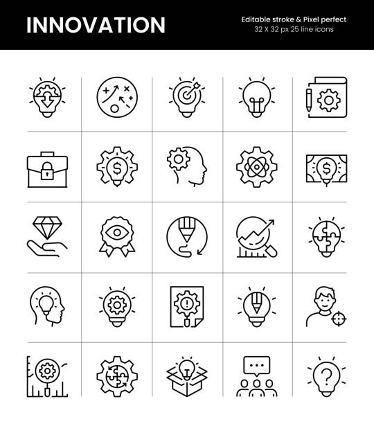 innowacje edytowalne ikony linii kreski - solution light bulb business planning stock illustrations