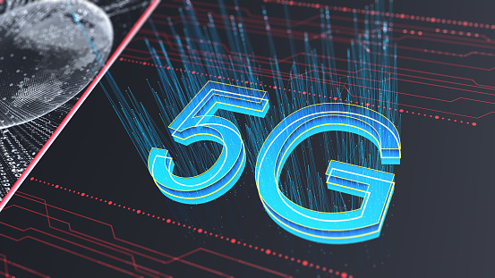 Large 5G text and world map, wireless internet connection on blue background. Global network high speed network. Concept of technology and world wide web. 3D rendering illustration