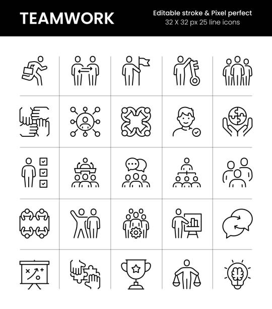 stockillustraties, clipart, cartoons en iconen met teamwork editable stroke line icons - groep mensen