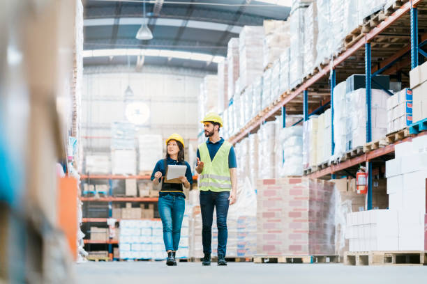 dos empleados revisando el inventario en los estantes del almacén - director fotografías e imágenes de stock