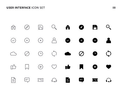 Basic User Interface Minimal Solid and Thin Line Icon Set with Editable Stroke. Icons are Suitable for Web Page, Mobile App, UI, UX and GUI design.