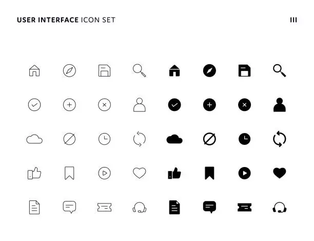 Vector illustration of User Interface Universal Solid and Thin Line Icon Set with Editable Stroke. Icons are Suitable for Web Page, Mobile App, UI, UX and GUI design.