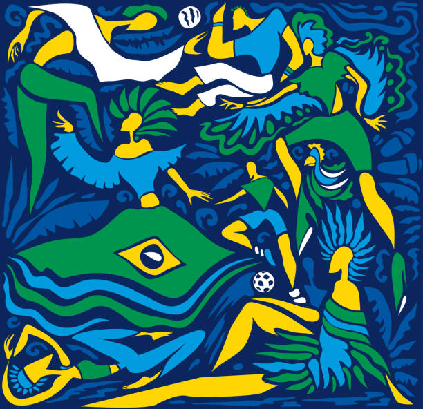 추상 브라질 카니발 아트, 브라질 국기 색상 아트 워크 (벡터 아트) - 브라질 stock illustrations