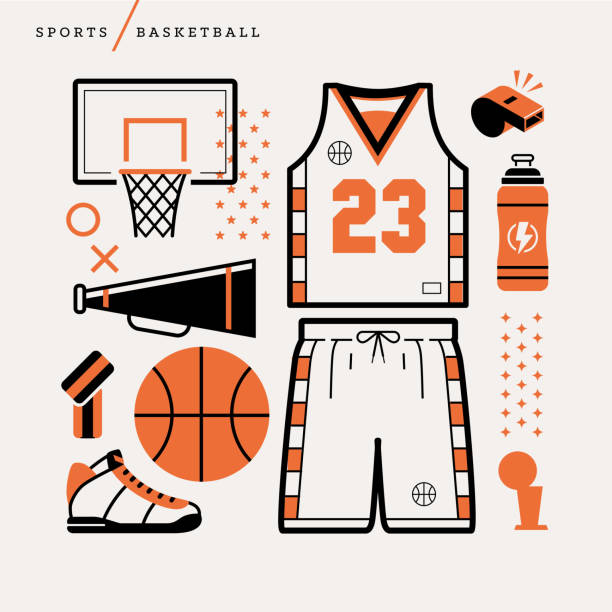 Illustration of basketball icons icon, vector, basketball, set, symbol, icons, ball, illustration, sport, sign, design, game, orange, basket, eps, pdf, abstract, graphic, jersey, shorts, shirt, tanktop, megaphone, rim, hightops, whistle, water, bottle, water bottle, ref, referee, bands, trophy, championship, pro, professional, offense, defense, hobby, art, gym, floor, team, equipment, 23, cheer, center running shoes on floor stock illustrations