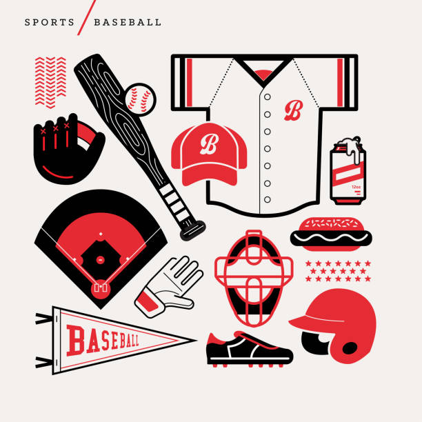 Illustration of baseball icons icon, vector, set, symbol, illustration, icons, sign, design, collection, art, eps, pdf, abstract, graphic, field, outfield, infield, catcher, pitcher, baseball, sports, season, flag, banner, hotdog, food, hat, baseball hat, cap, beer, alcohol, beverage, catcher mask, mask, glove, batter, bat, baseball bat, jersey, shirt, helmet, shoe, cleats, red, black, isolate, line art, line baseball stock illustrations