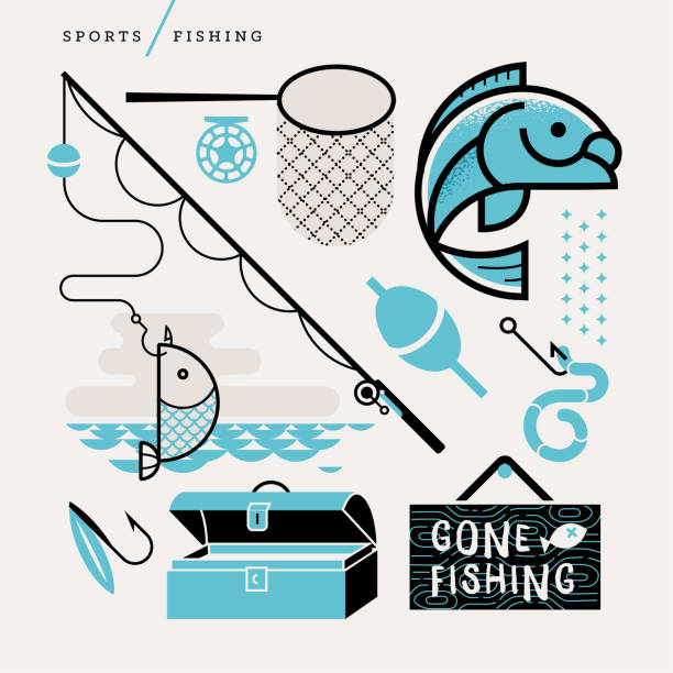 ilustrações, clipart, desenhos animados e ícones de ilustração de ícones de pesca - fishing supplies