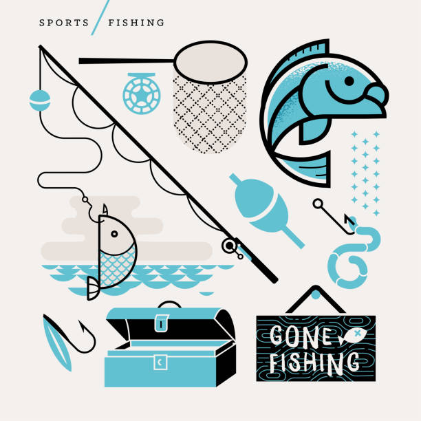 Illustration of fishing icons Creative abstract vector art illustration fishing graphics. Geometric shapes concept. Isolate tackle box fish line rod warm symbol rates hook bait trout water ocean catch pole net cod carp line art hook equipment stock illustrations
