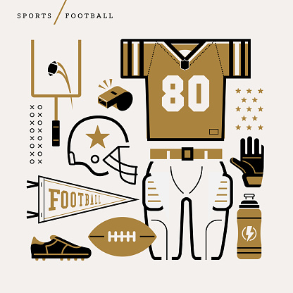 Creative abstract vector art illustration of football. Geometric shapes compiled modern concept. Template sports football goal post flag leather pigskin water bottle jersey glove helmet whistle score