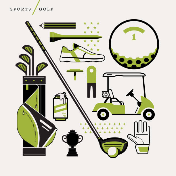 Illustration of golf icons Creative abstract vector art illustration of golf. Geometric shapes compiled modern concept. Template sports golf bag club ball cart trophy glove tee pencil golfer cleats marker drink pro golf cart vector stock illustrations