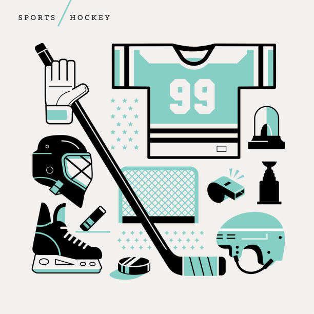 Illustration of hockey icons Creative abstract vector art illustration of hockey sport. Geometric shapes modern concept Line art helmet stick puck trophy goal goalie ice jersey rink ref whistle skates offsides siren score outline ice hockey league stock illustrations