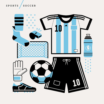 Creative abstract vector art illustration of soccer-football sport. Geometric shapes modern concept Line art jersey ref whistle ball goal cleats water bottle shorts t-shirt glove score outline
