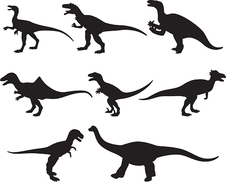 Vector silhouettes of a group of dinosaurs.