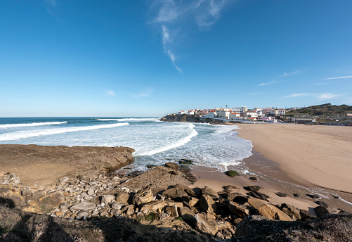 Praia das MaÃ§Ã£s sand beach of the Sintra coastline of the Atlantic ocean, Portugal