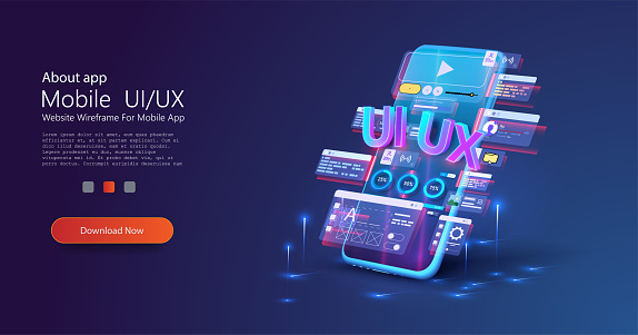 Designer, creator of an individual design of user interface scenes for a mobile UI,UX application. Blue neon design of mobile applications.