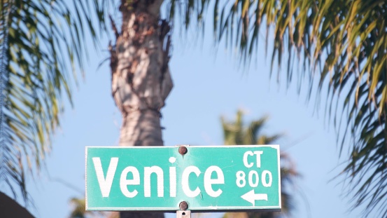Venice beach road sign on crossroad, California city street, USA. Waterfront tourist resort near Los Angeles, beachfront travel destination for waterside summer vacations. Coastal palm trees.