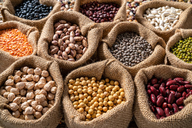 istock Assorted legumes in burlap sacks in a row as a full frame background 1390724679