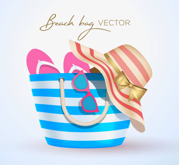 Holiday Beach bag, glasses, hat, slippers vector Holiday Beach bag, glasses, hat, slippers vector beach bag stock illustrations