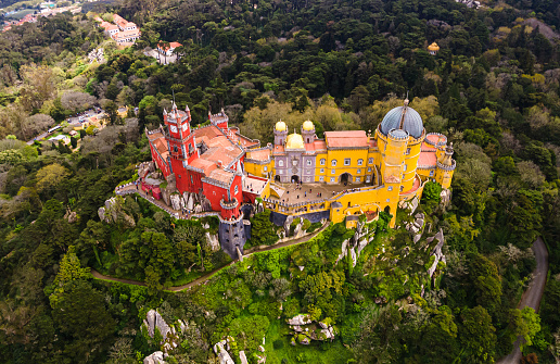 National Palace of Pena, Sintra region, Lisbon. Aerial drone panorama of Famous place in Portugal