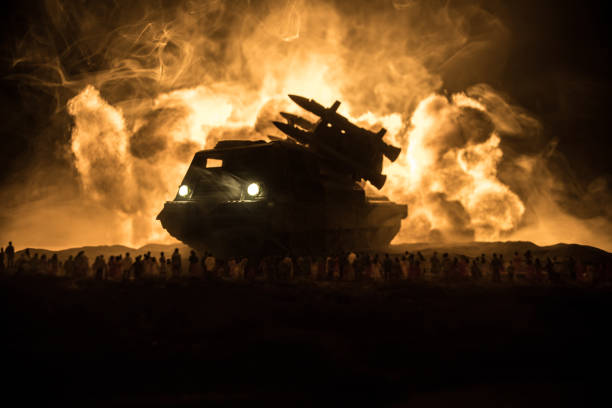 istock Creative artwork decoration war on Ukraine. Crowd looking on giant explosion and attacking soldiers. 1390731787