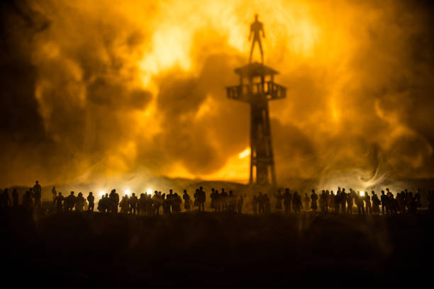 istock Crowd looking on giant explosion and attacking soldiers. 1390731797