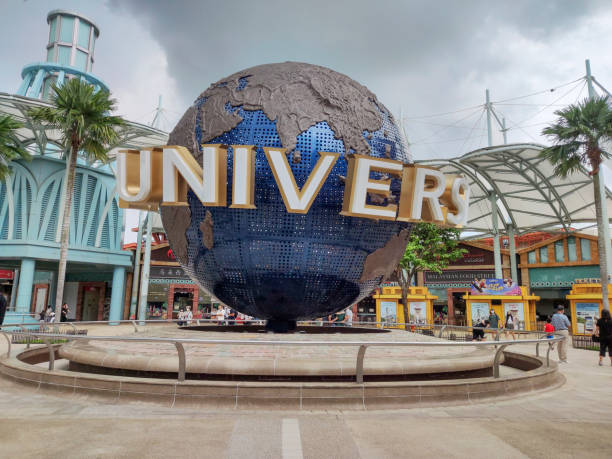 Singapore Jan 08 2022: View of Universal Studios Singapore rotating globe in Sentosa, Singapore. Universal Studios Singapore is a theme park located within Resorts World Sentosa on Sentosa Island
