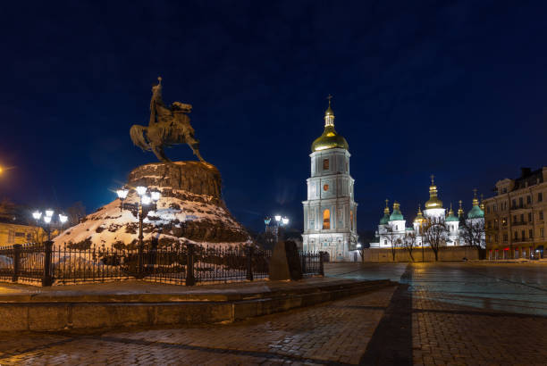 Monument to Bohdan Khmelnitsky On Sofiyivska Square in Kyiv at night, Ukraine. The monument was built in 1888