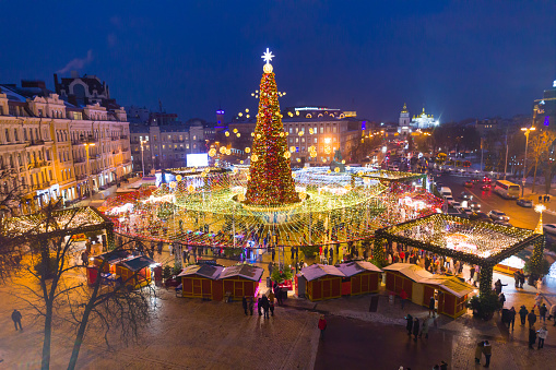 Christmas tree and Christmas market in the center of Kiev in Ukraine.