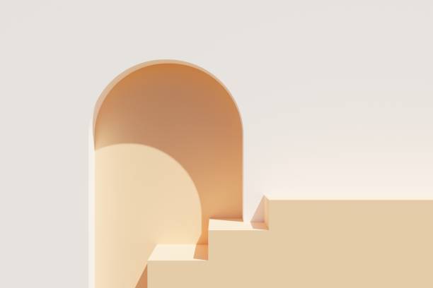 istock Beige wall with entrance and white steps on sunlight background 3d illustration 1390738593