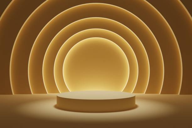 istock Gold background tunnel podium with glowing architectural elements 3d illustration 1390738604