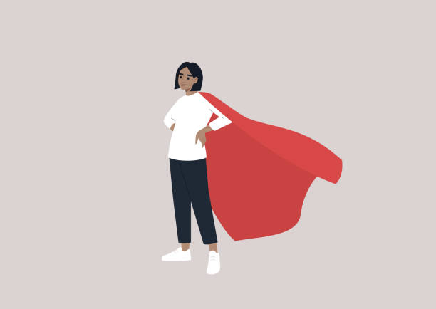 bildbanksillustrationer, clip art samt tecknat material och ikoner med a young female caucasian character wearing a red cape, superpower in daily life - cool people